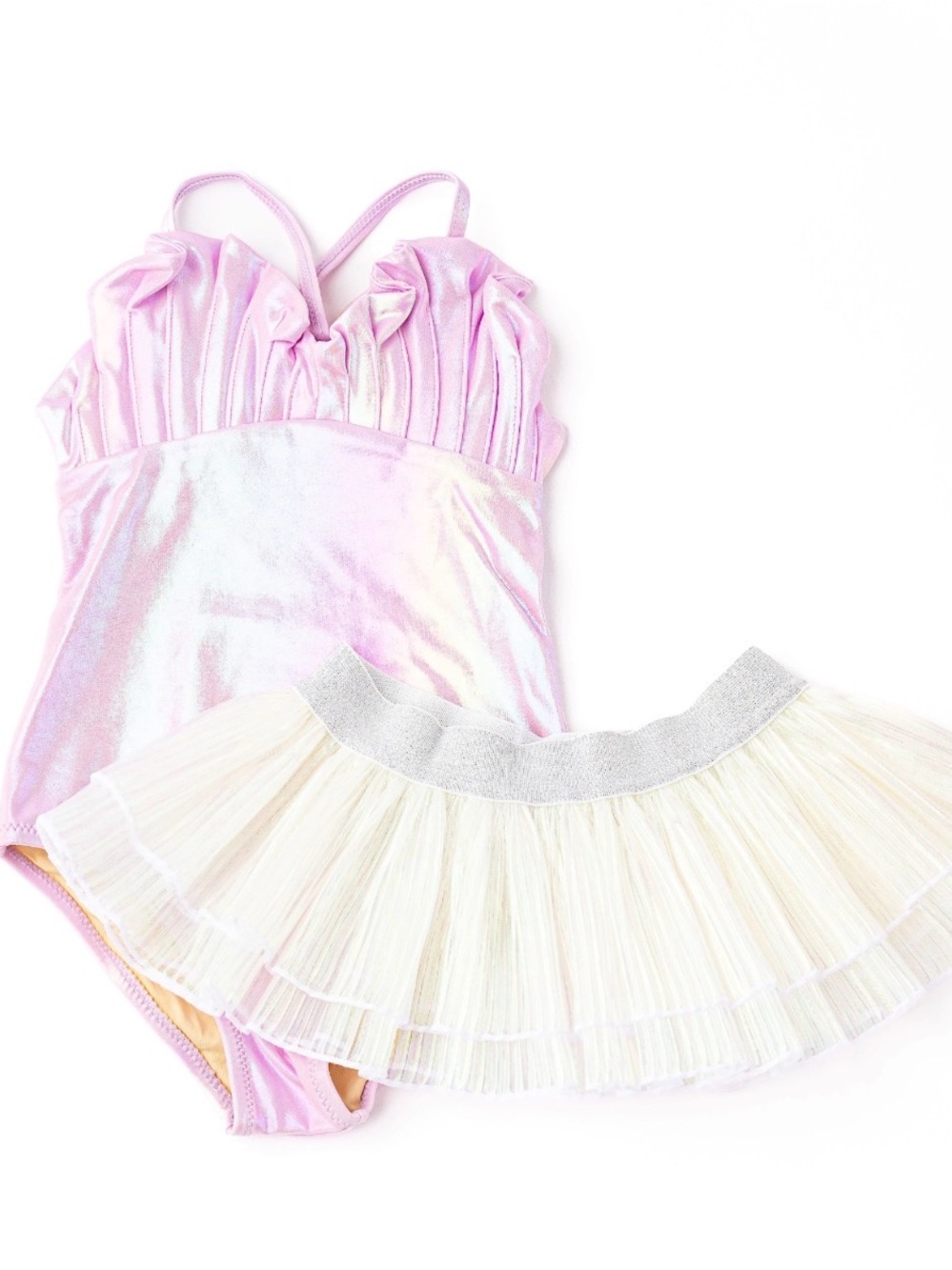 Girls' Pink Iridescent One-Piece Swimsuit with Cream Tulle Skirt